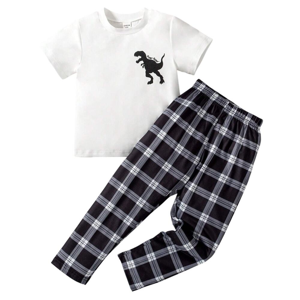 Boys Dinosaur Printed Short Sleeve With Plaid Pants in White, Size 7Y